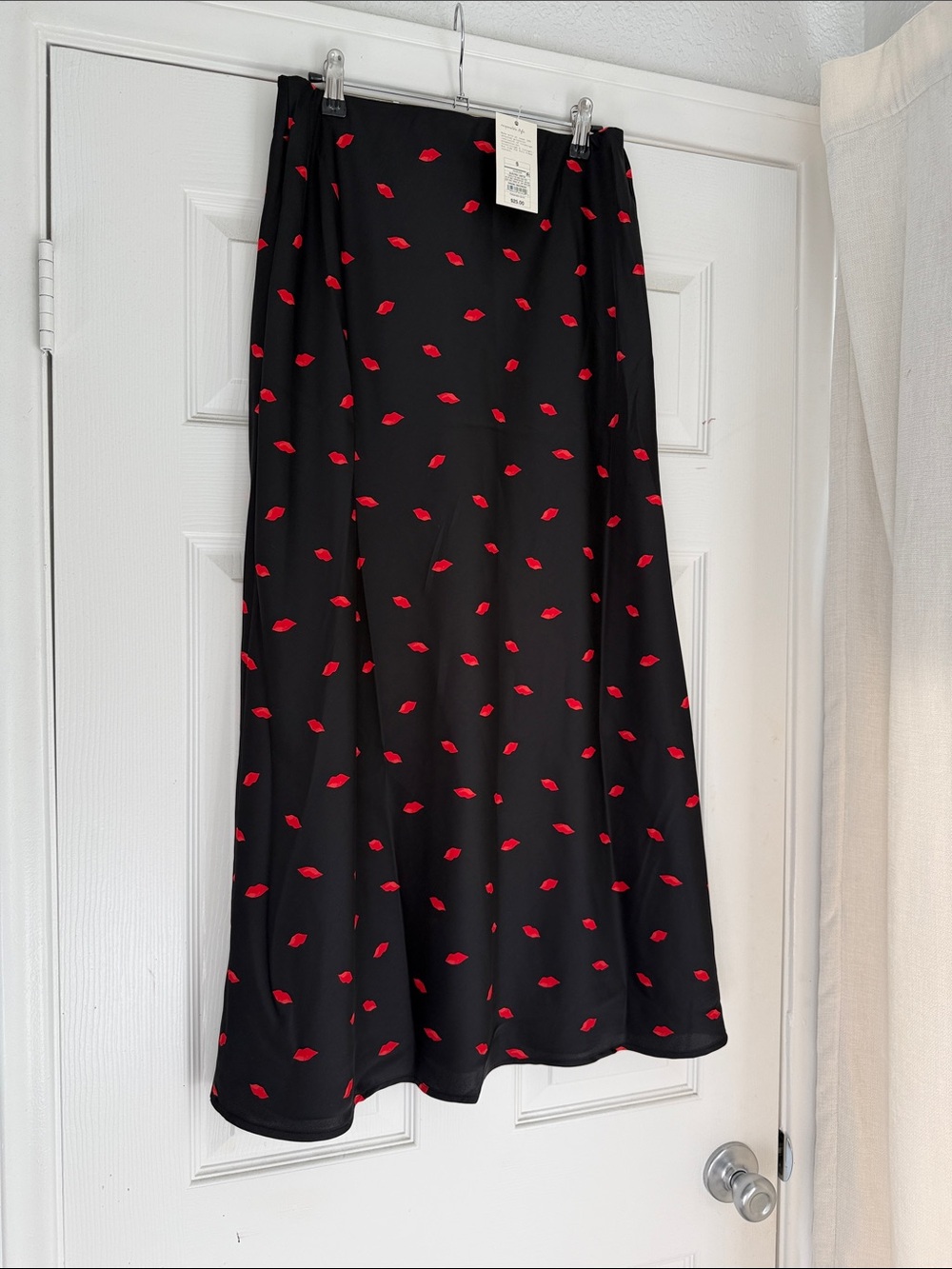 Women's Black Midi Skirt with Red Lip Print